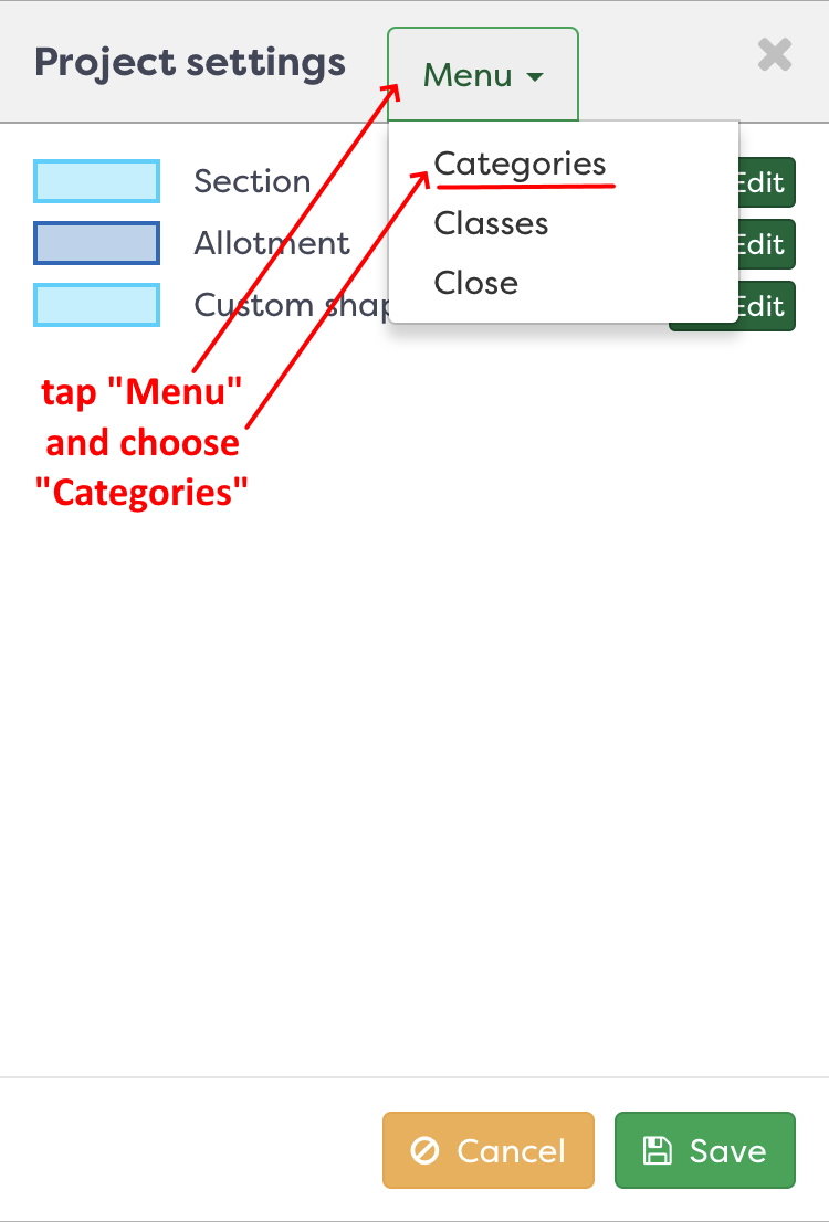 Figure 2: Categories in Project settings tab