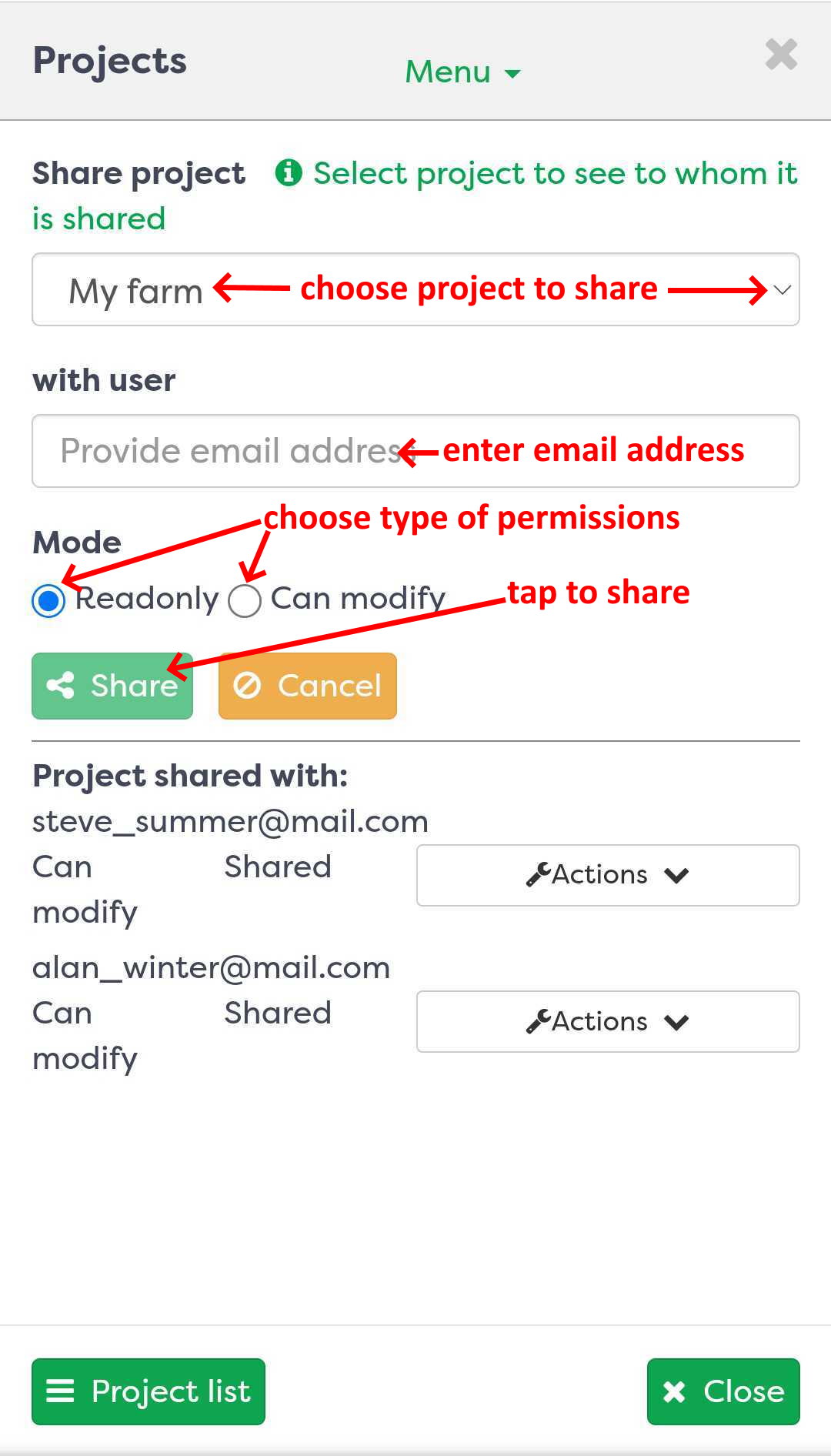 Figure 2: Project sharing window
