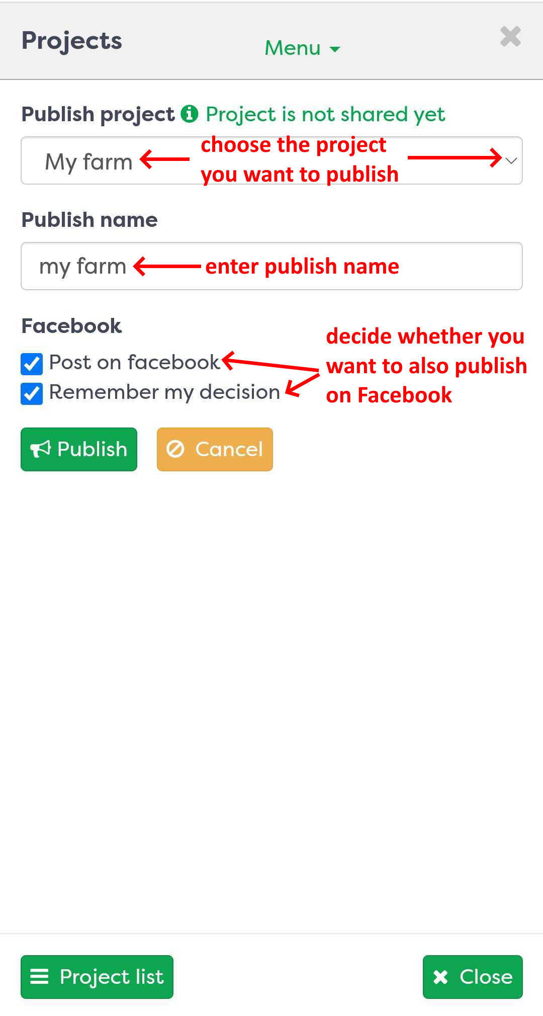 Figure 2: Project publishing window