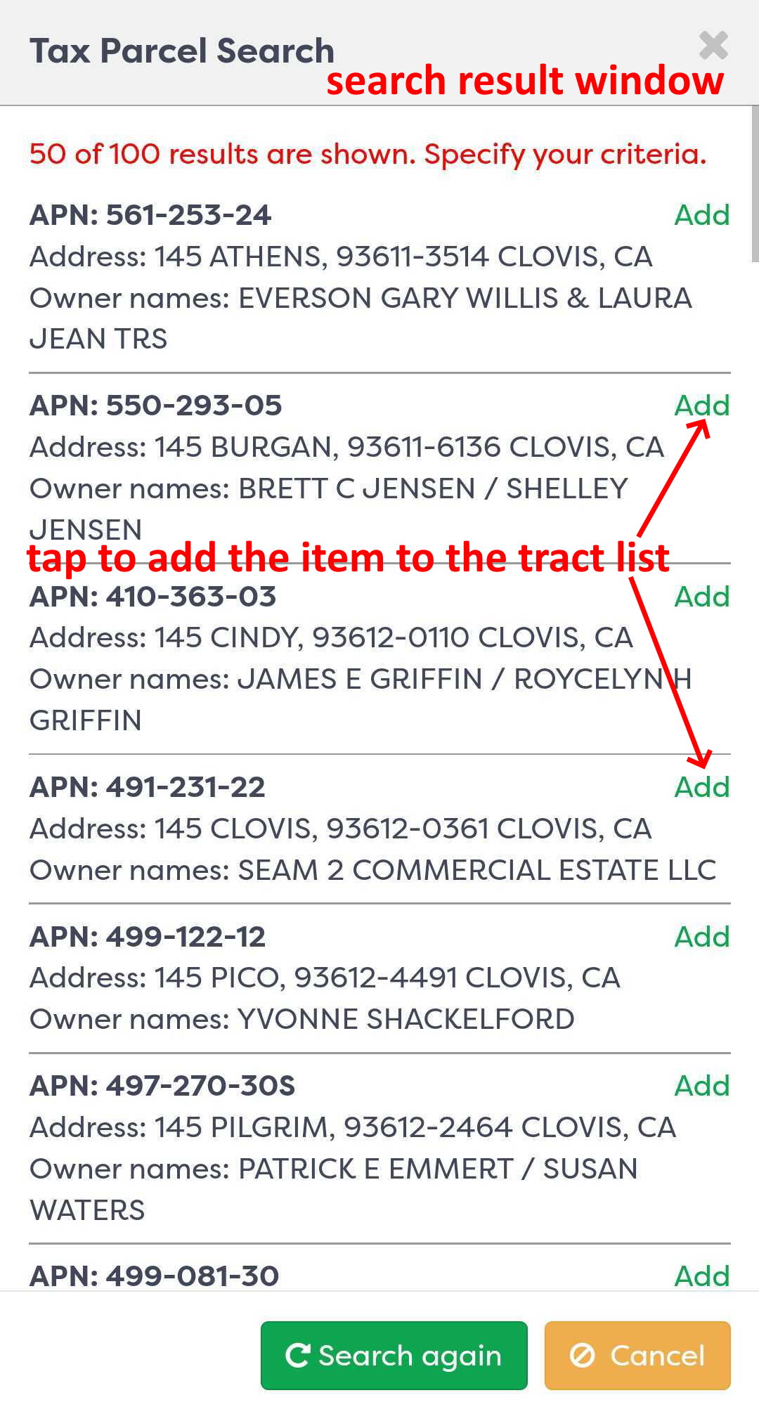 Figure 3: Tax Parcel Search list