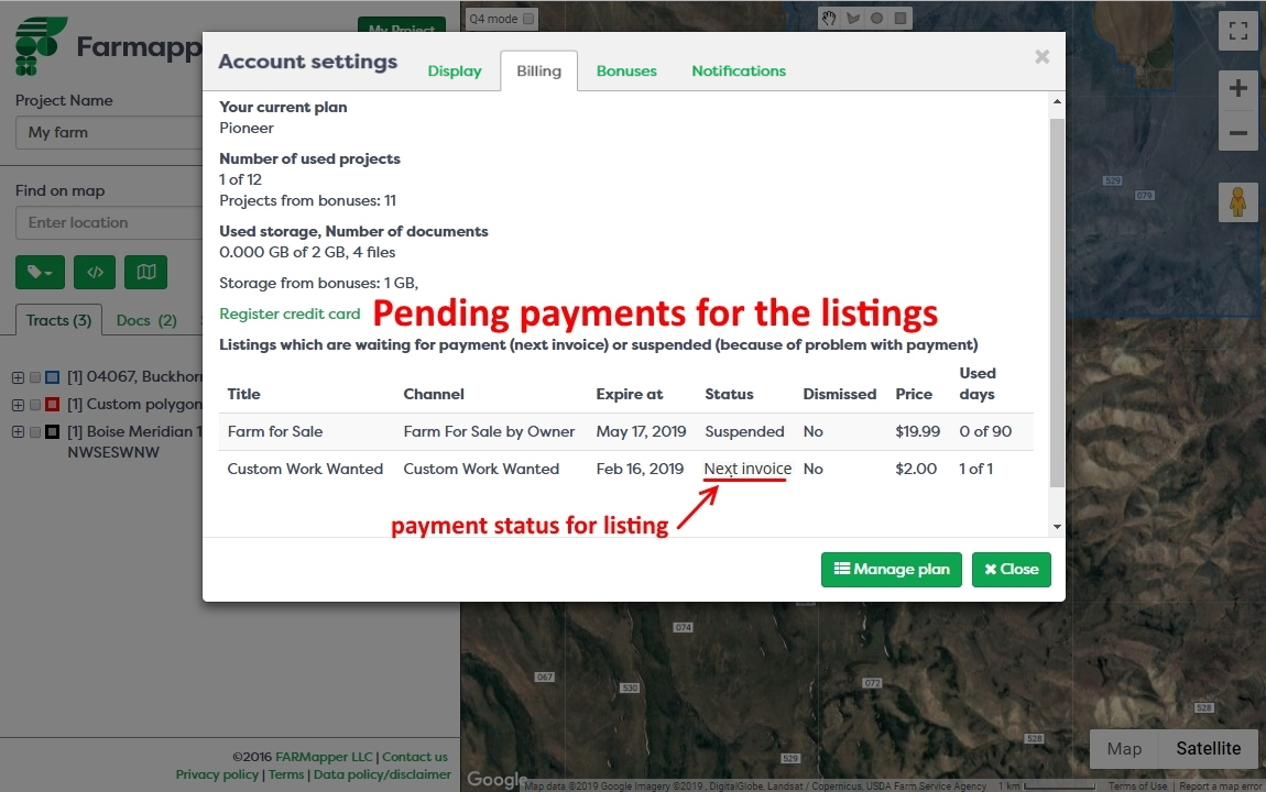 Figure 5: Account settings window - pending payments for the listings