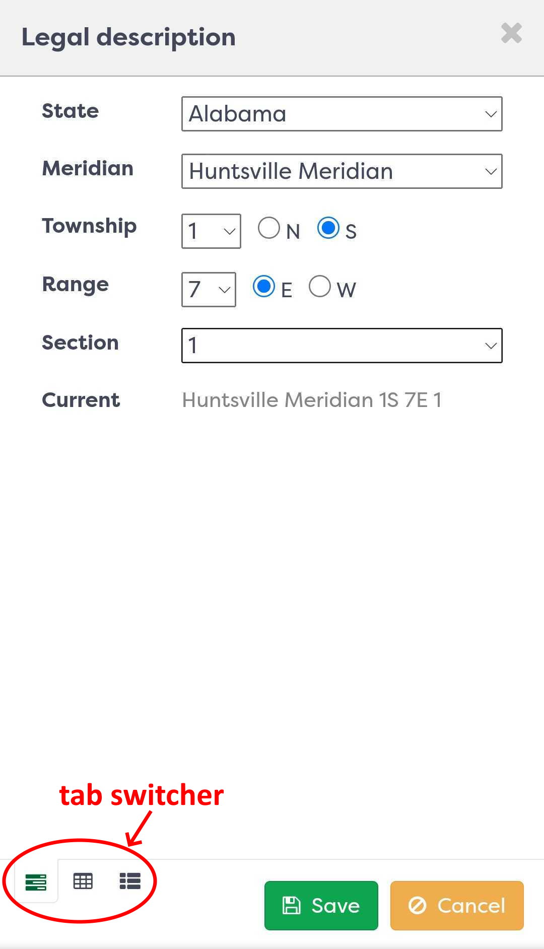 Figure 5: Legal description dialog, section selection tab