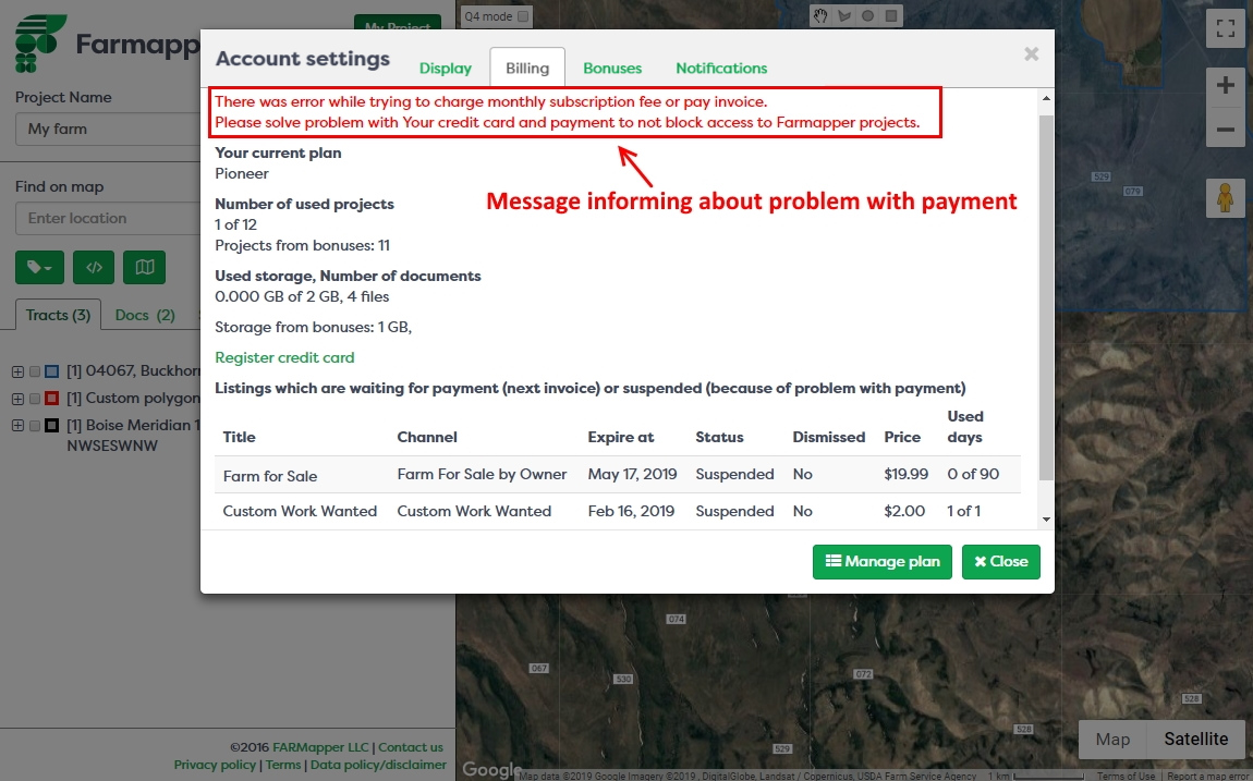 Figure 6: Account settings window - problem with payment (credit card)