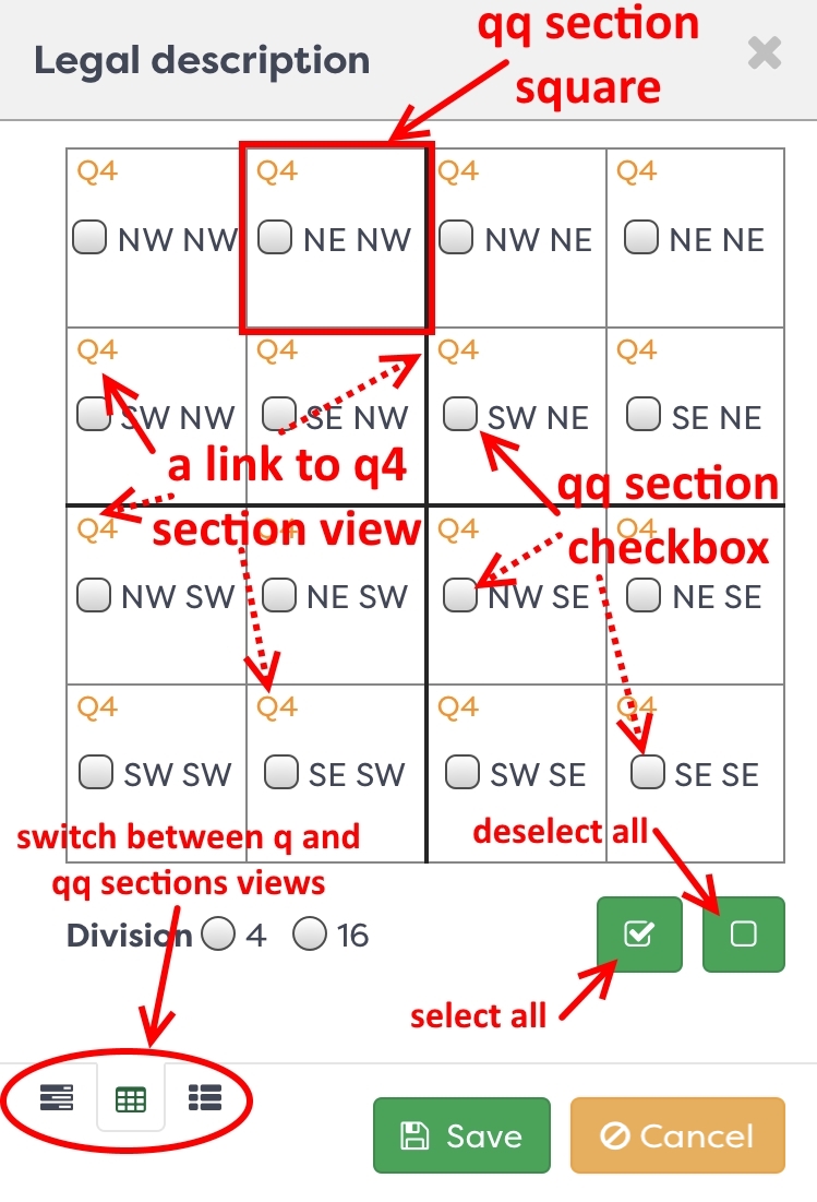 Figure 6: Legal description dialog, section map area