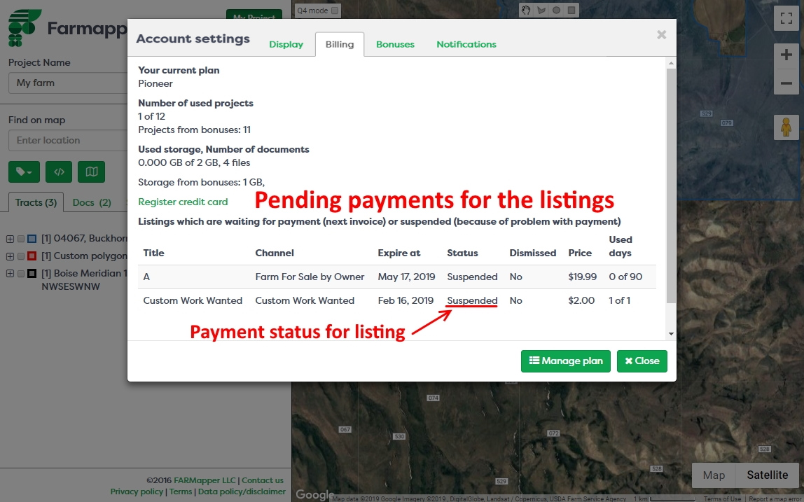 Figure 7: Account settings window - pending payments for the listings