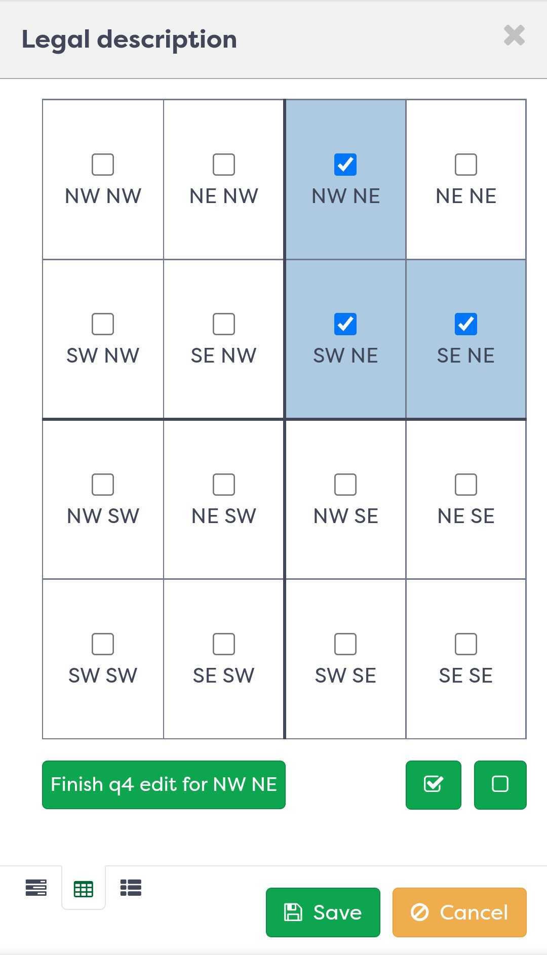 Figure 7: Legal description dialog, q4section view