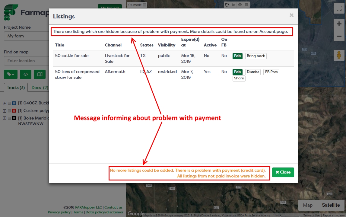 Figure 8: Listings window - problem with payments (credit card)
